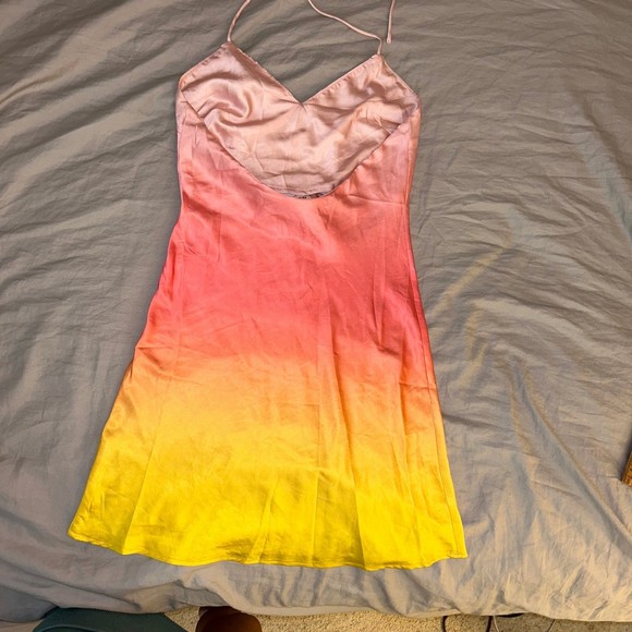 Princess Polly 4 Sunset Mini Dress, Halter Tie Neck, Pink Yellow Ombre, Silky - Picture 6 of 12